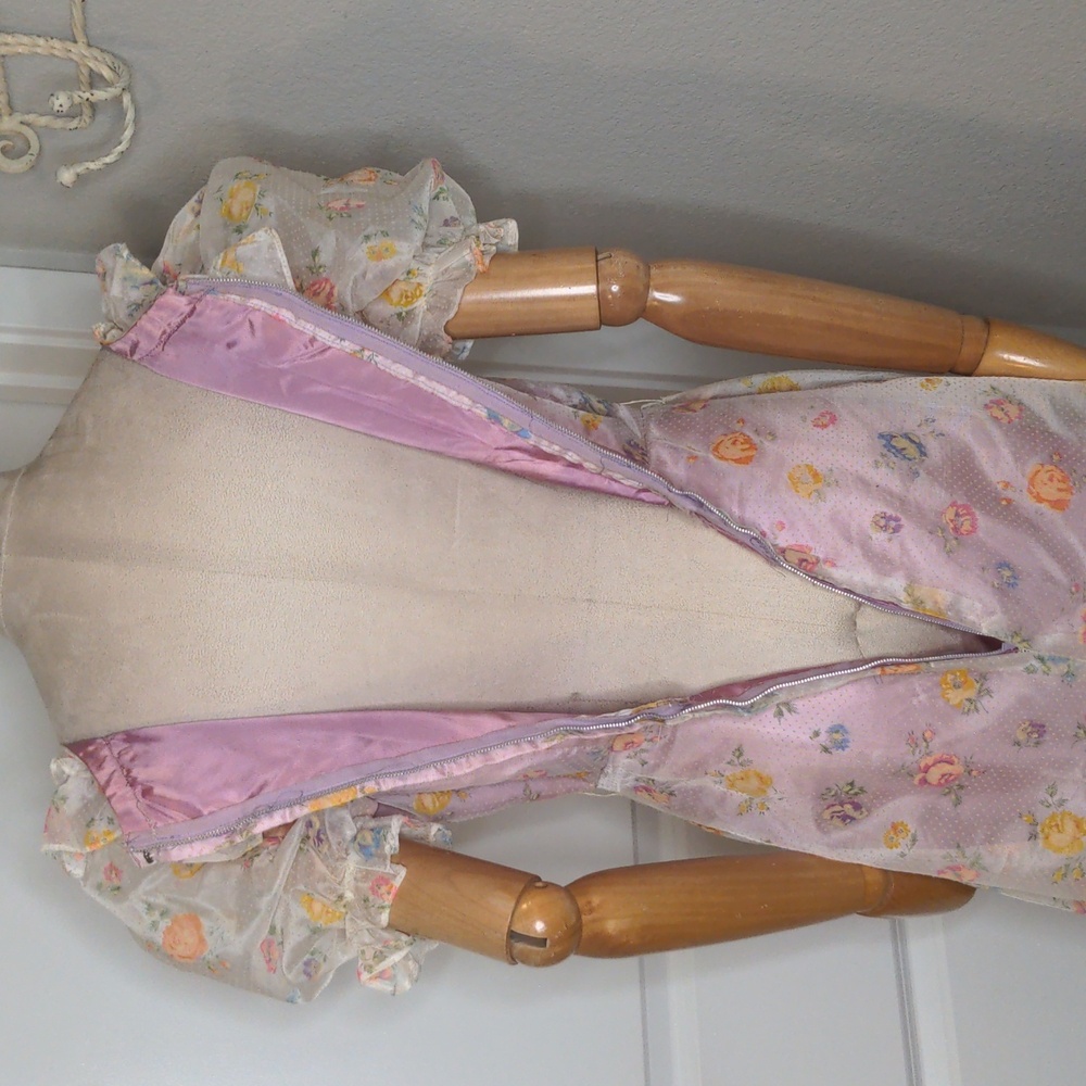 Vintag 70s Maxi Dress Prairie Gunne Style Floral Swiss Dot Pink Purple Sz Small - Picture 12 of 15